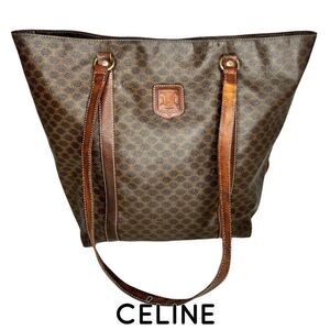 Céline Vintage Macadam Pattern Brown Leather PVC Tote Bag MC98/2 Italy Pre-Owned